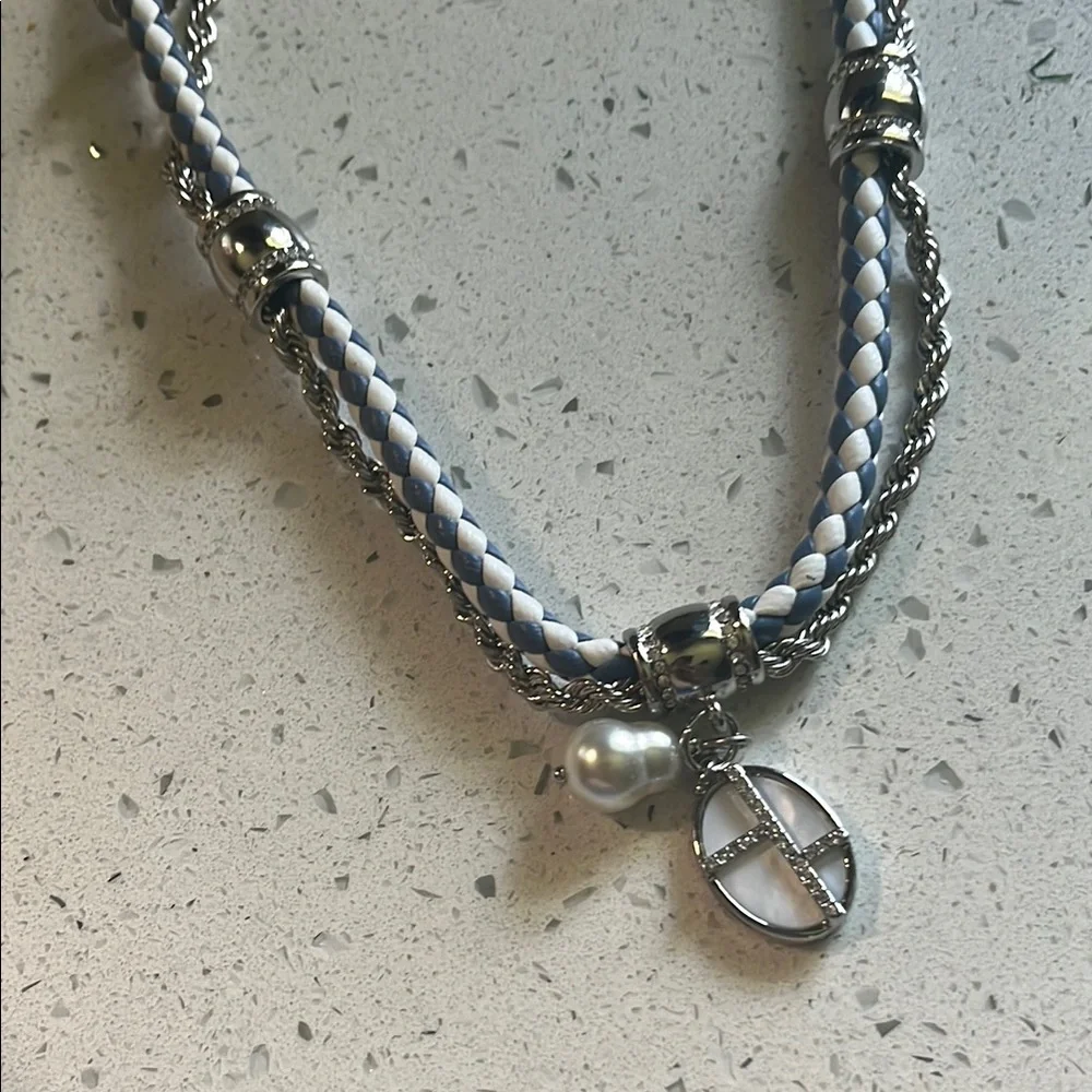Braided Silver and White Necklace with‎ Peace Pendant
